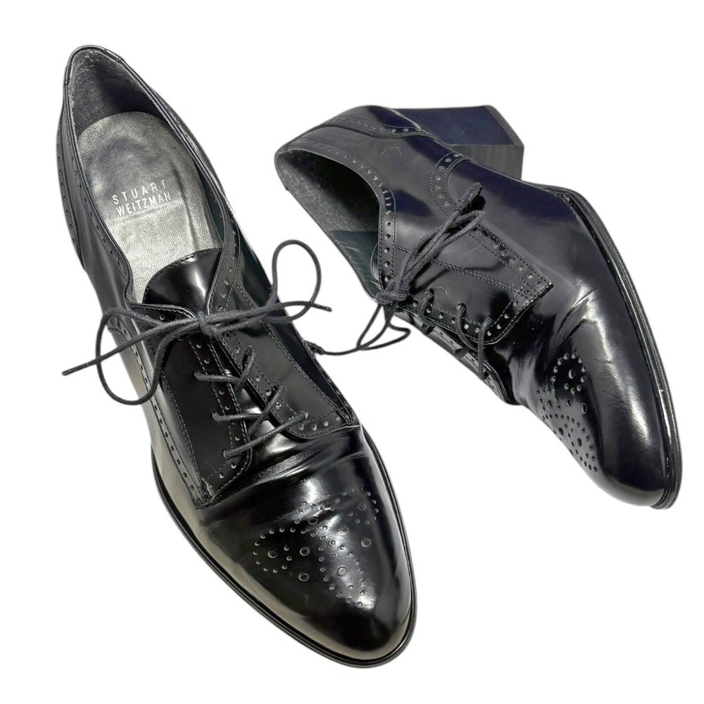Stuart Weitzman Black Patent Leather Lace-Up Brogue Block Heels